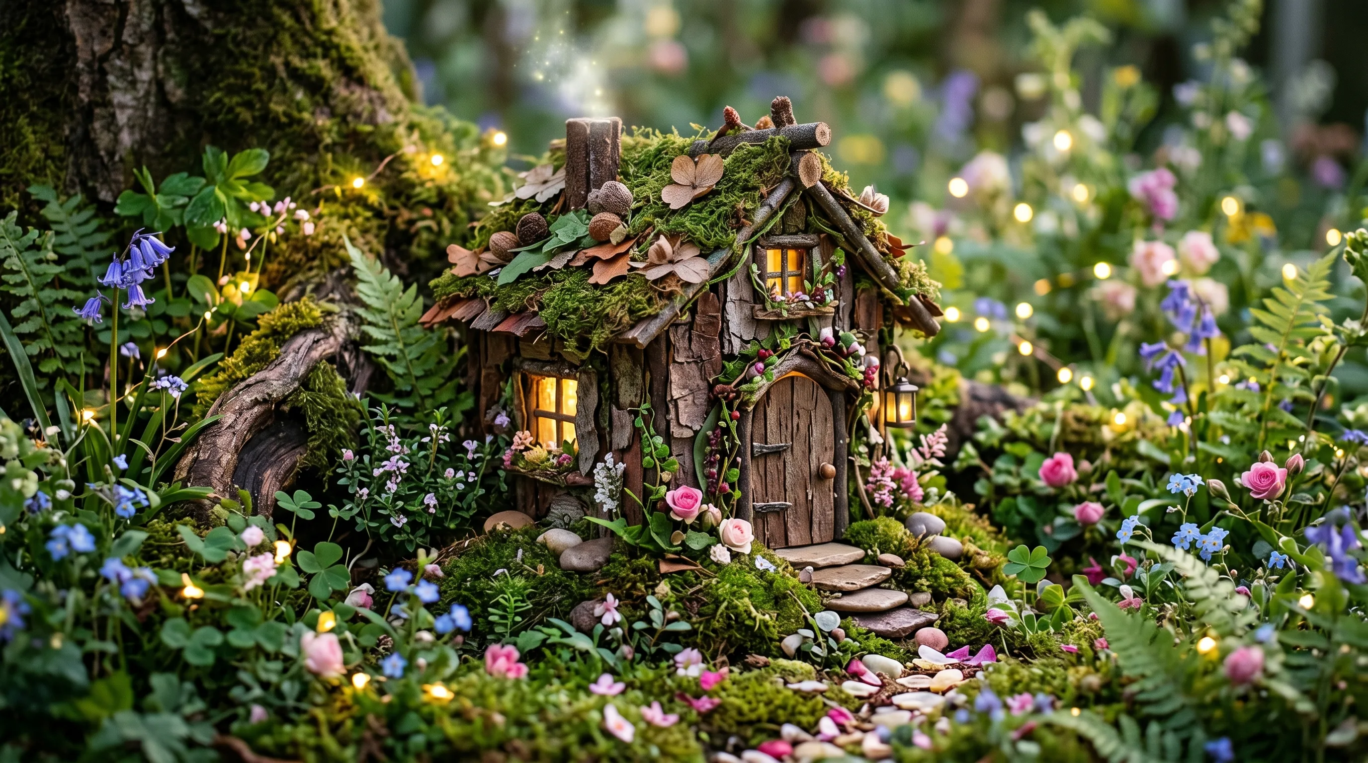 Tiny fairy house made from bark and moss among miniature flowers.