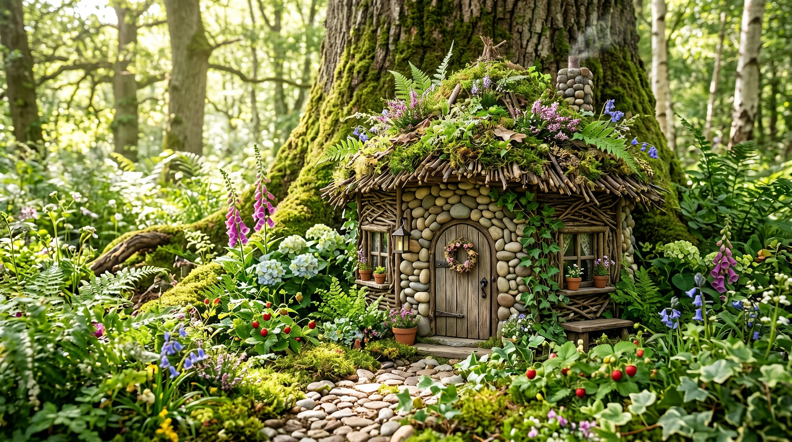 Whimsical fairy cottage built from pebbles and twigs with a tiny wooden door.