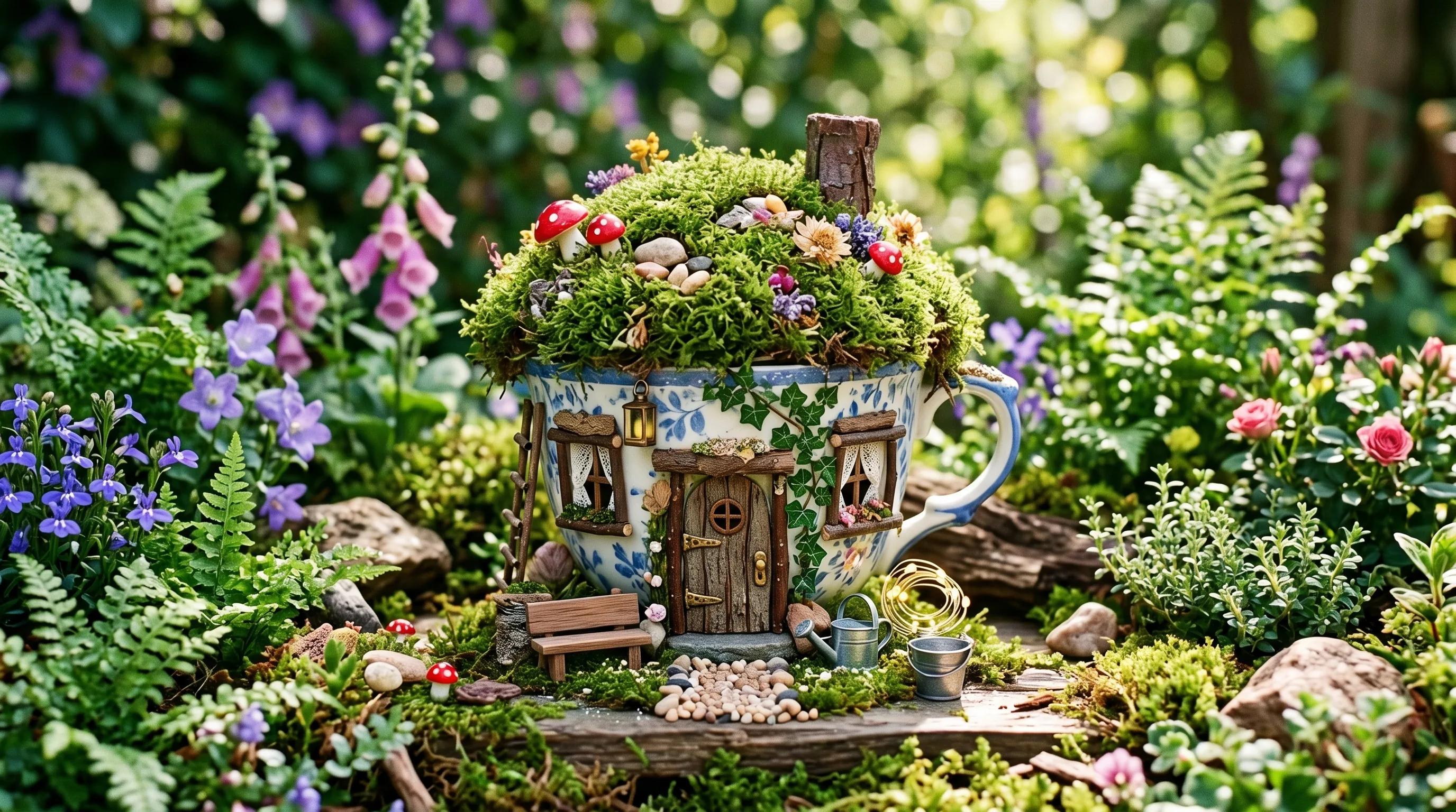 DIY fairy house made from a teacup planter with moss roof and miniature details.