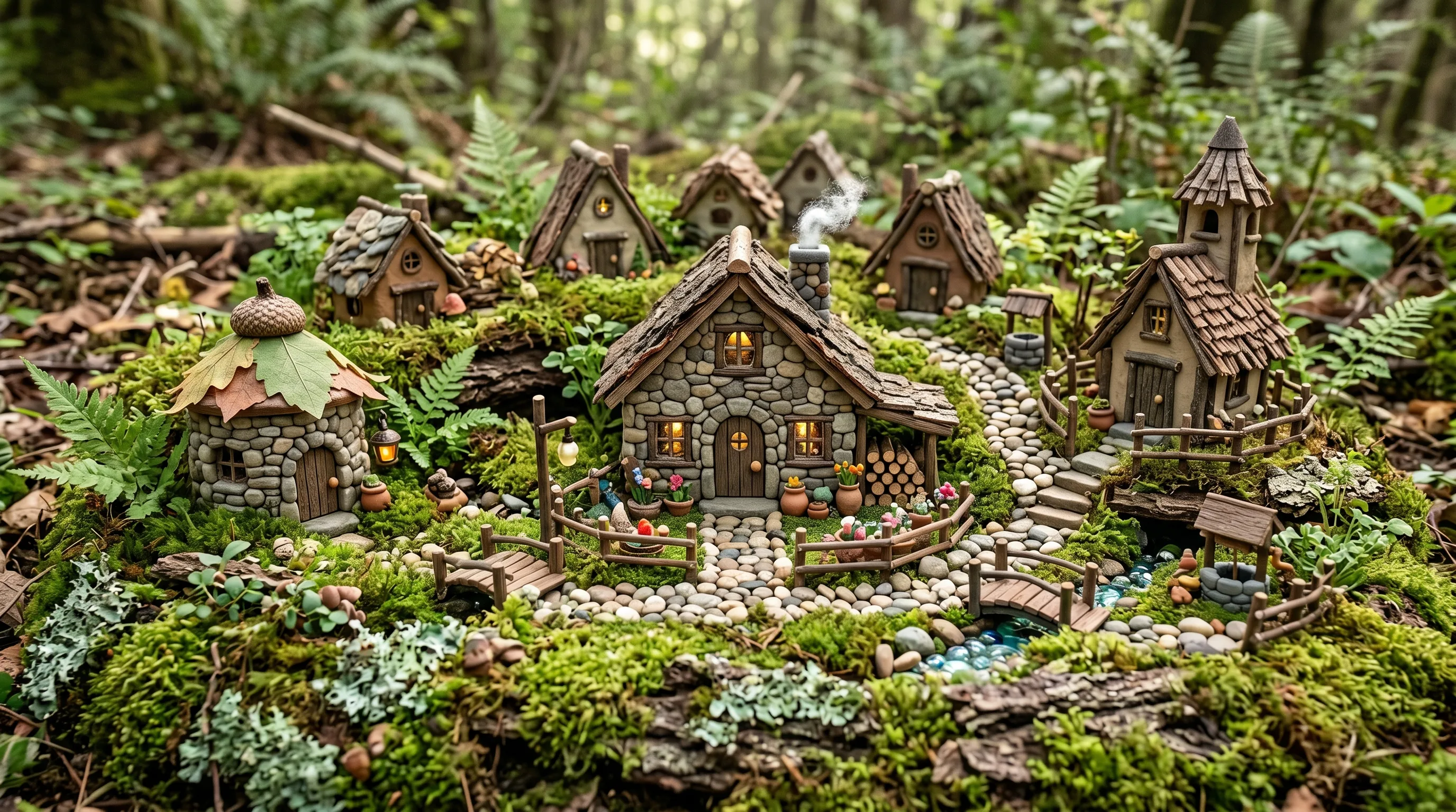 Miniature fairy village with multiple small houses made from stone and clay.