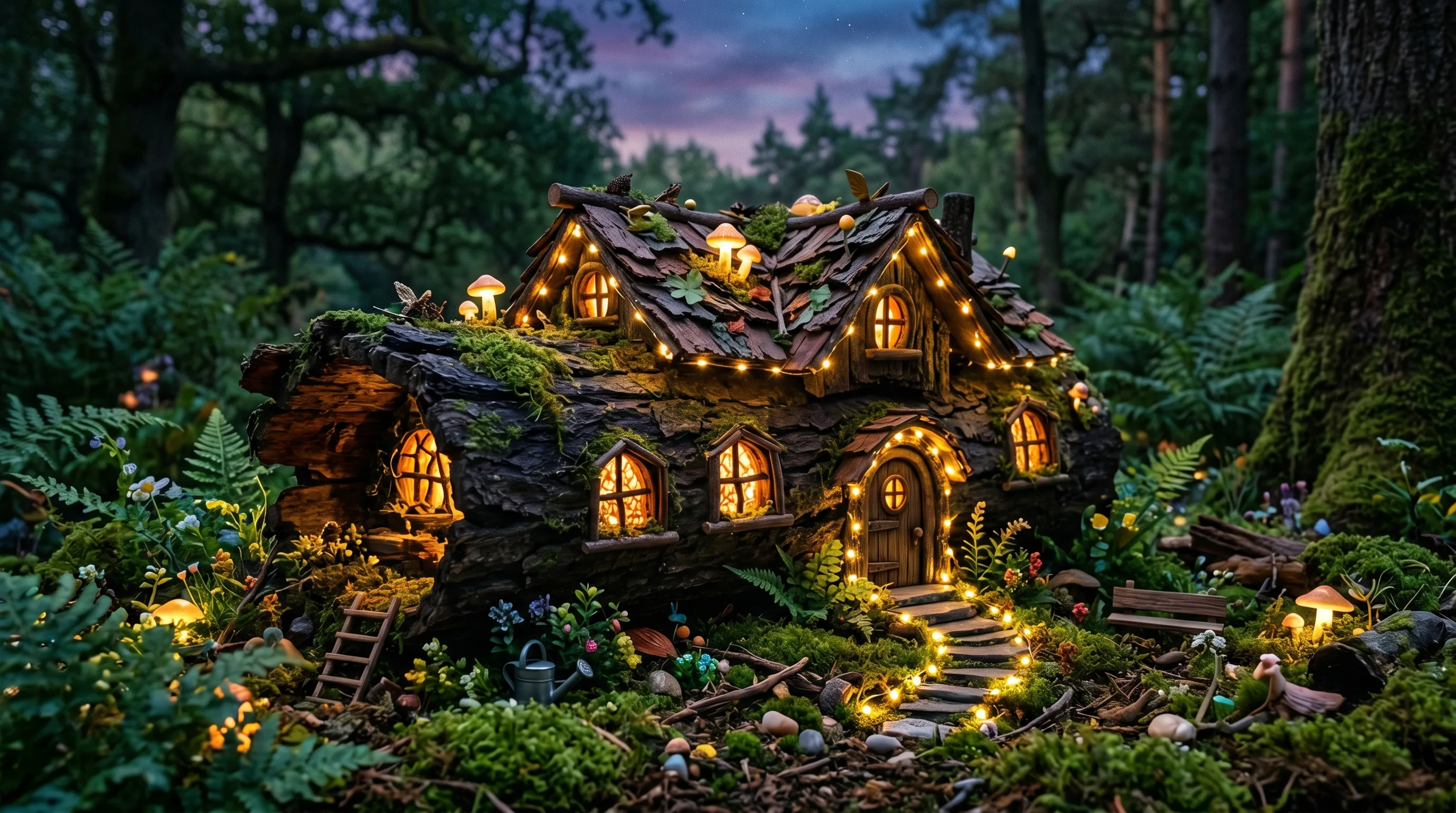 Fairy house crafted from a hollowed log with tiny windows and glowing lights.