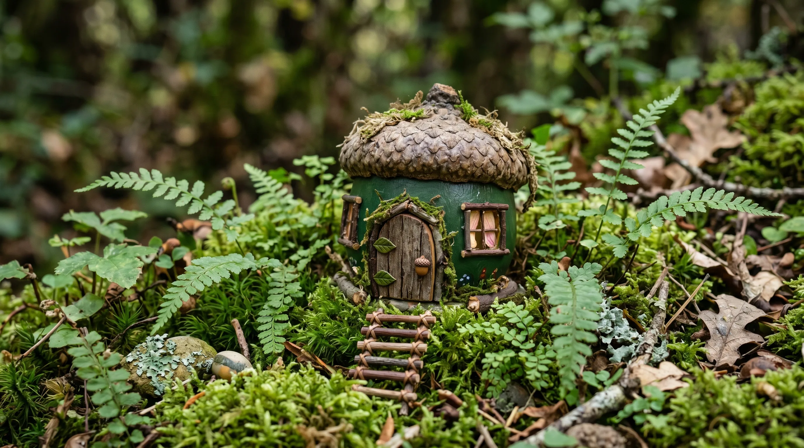 Painted acorn fairy house with tiny door and windows among moss and ferns.