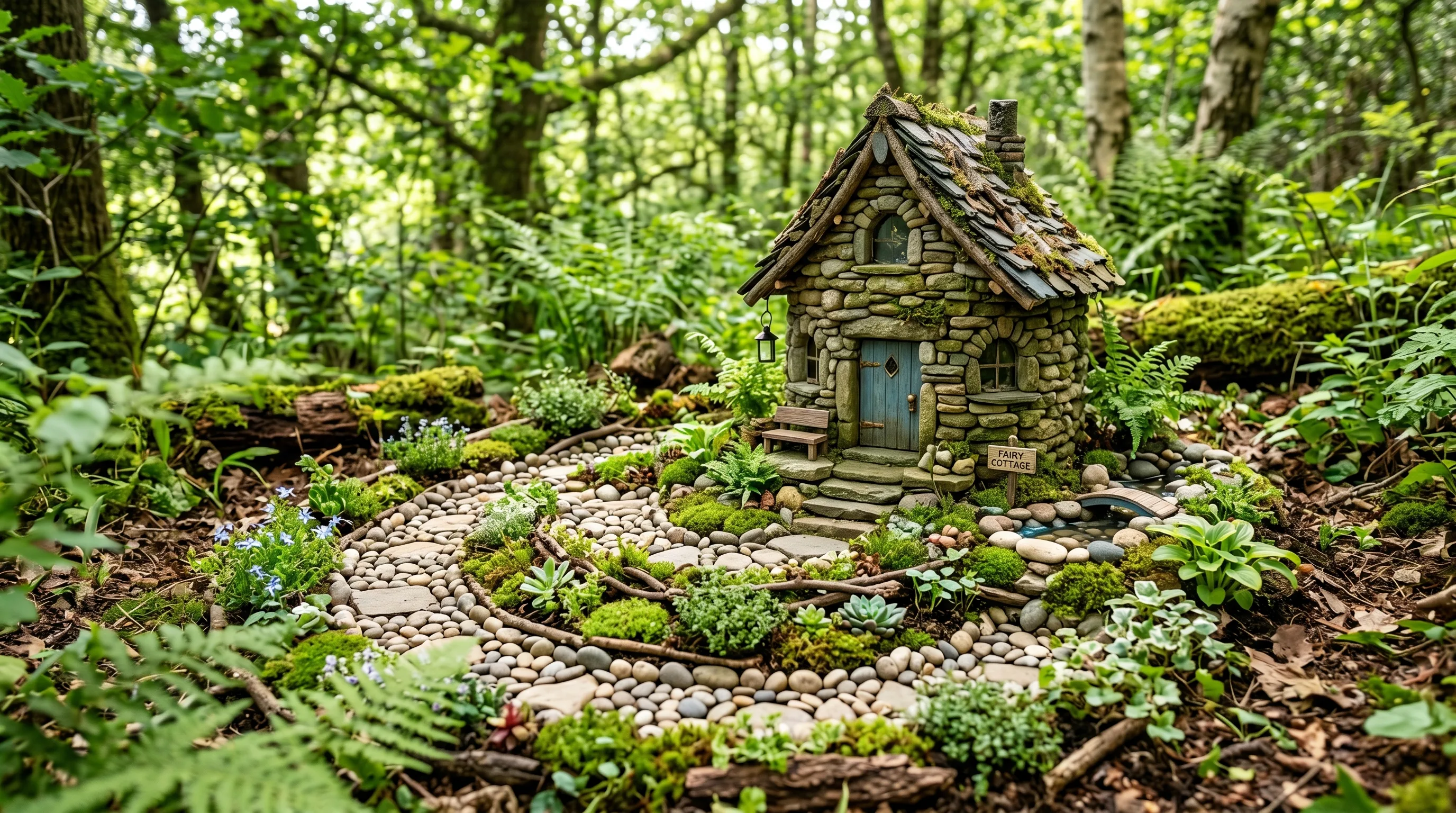 Fairy house made from stacked stones with a spiral path and miniature plants.