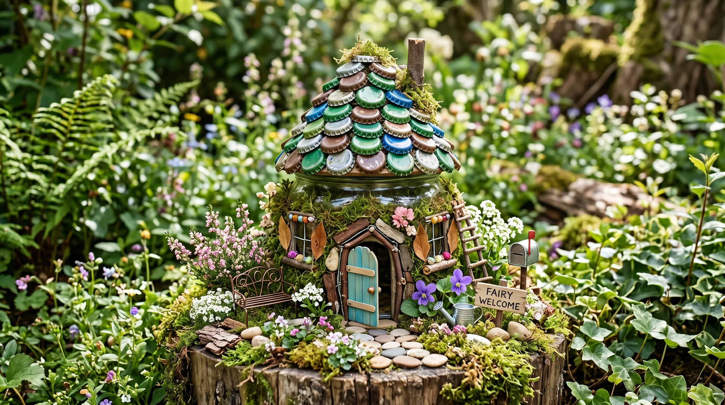 DIY fairy house using recycled materials like bottle caps and jars decorated with moss.