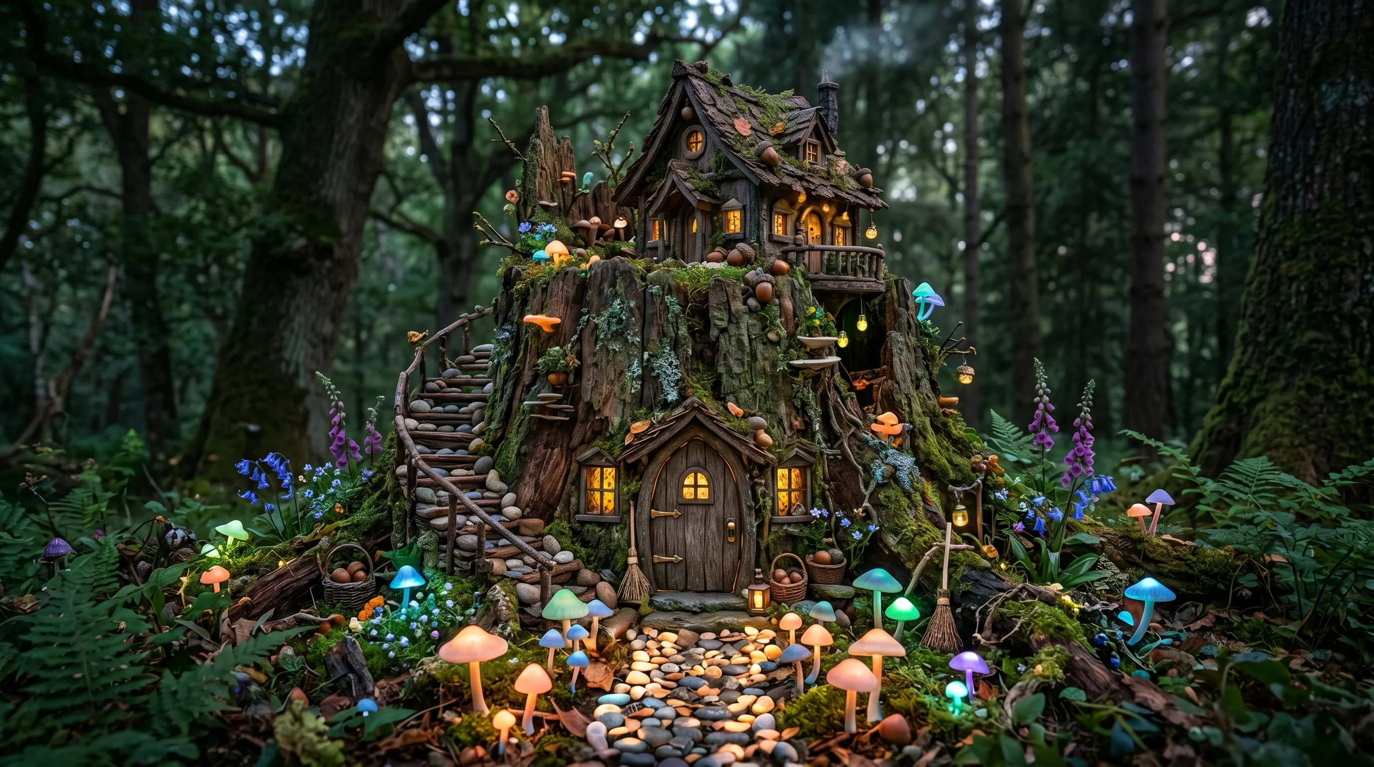 Fairy house built inside a tree stump with glowing mushrooms and tiny decorations.