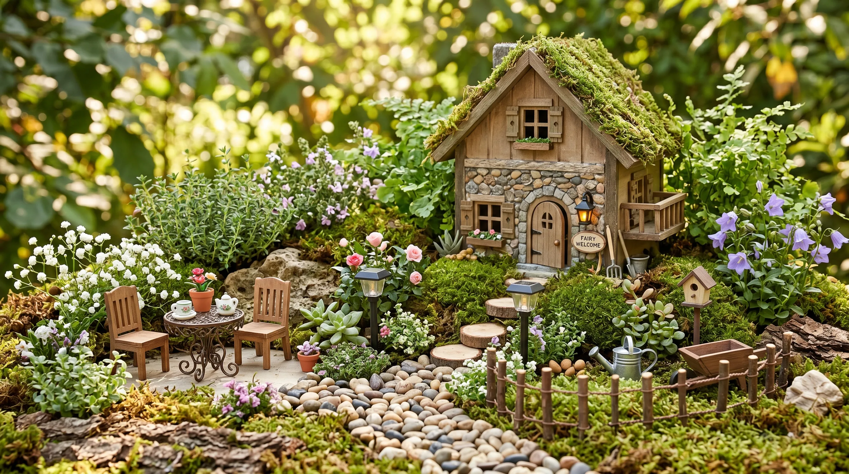 Fairy garden scene with a small wooden house, pebble pathways, and tiny furniture.
