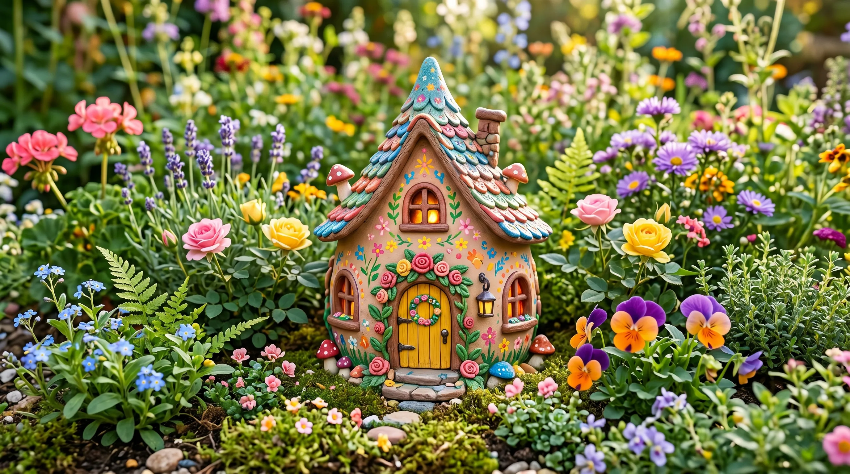 Clay fairy house with colorful painted details and floral accents in a flower bed.