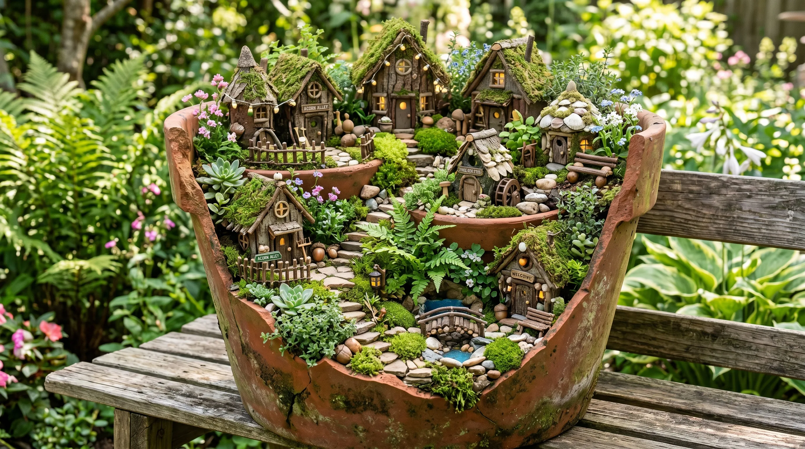 Fairy house village inside a broken pot with layered miniature landscape.
