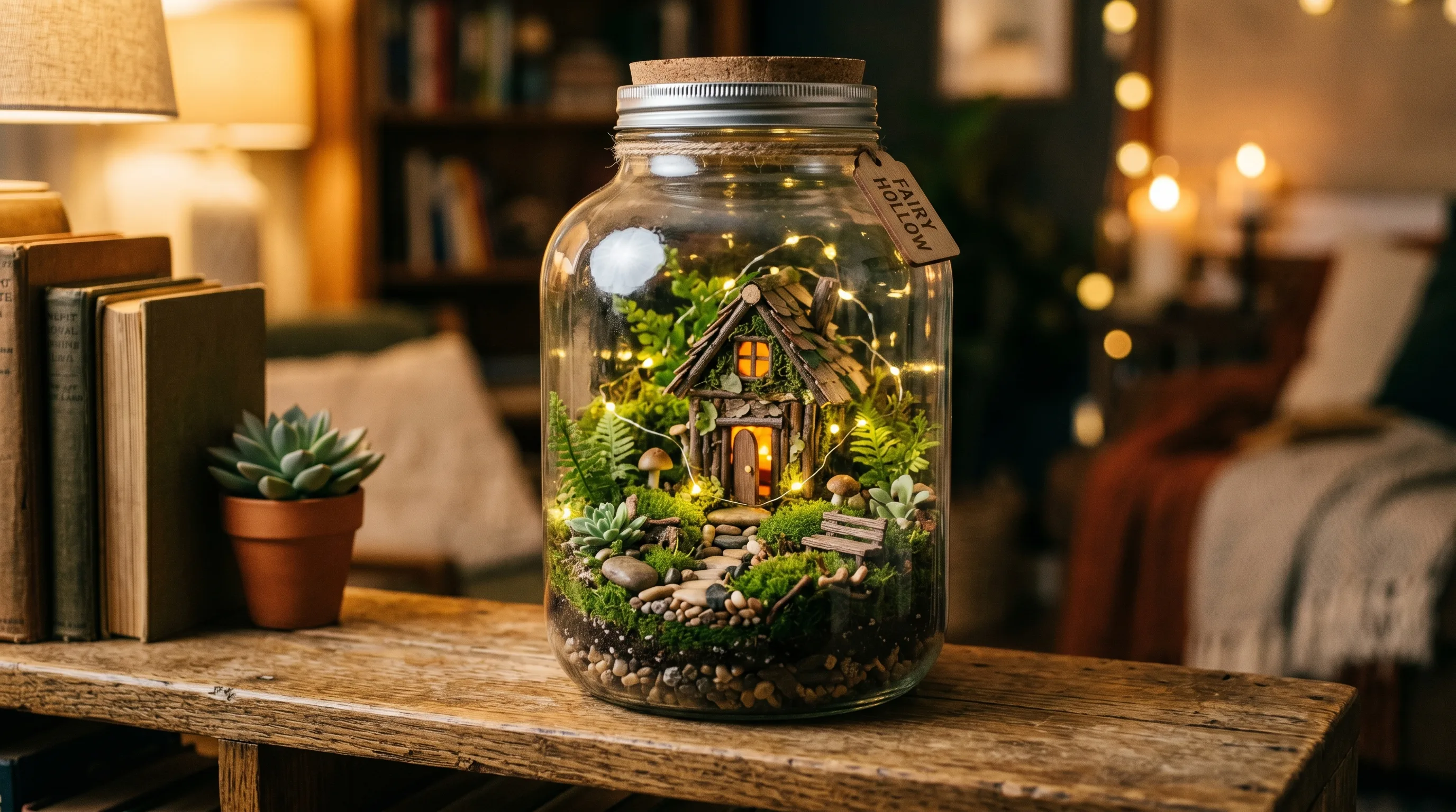 Glass jar fairy house terrarium with moss, stones, and glowing fairy lights.