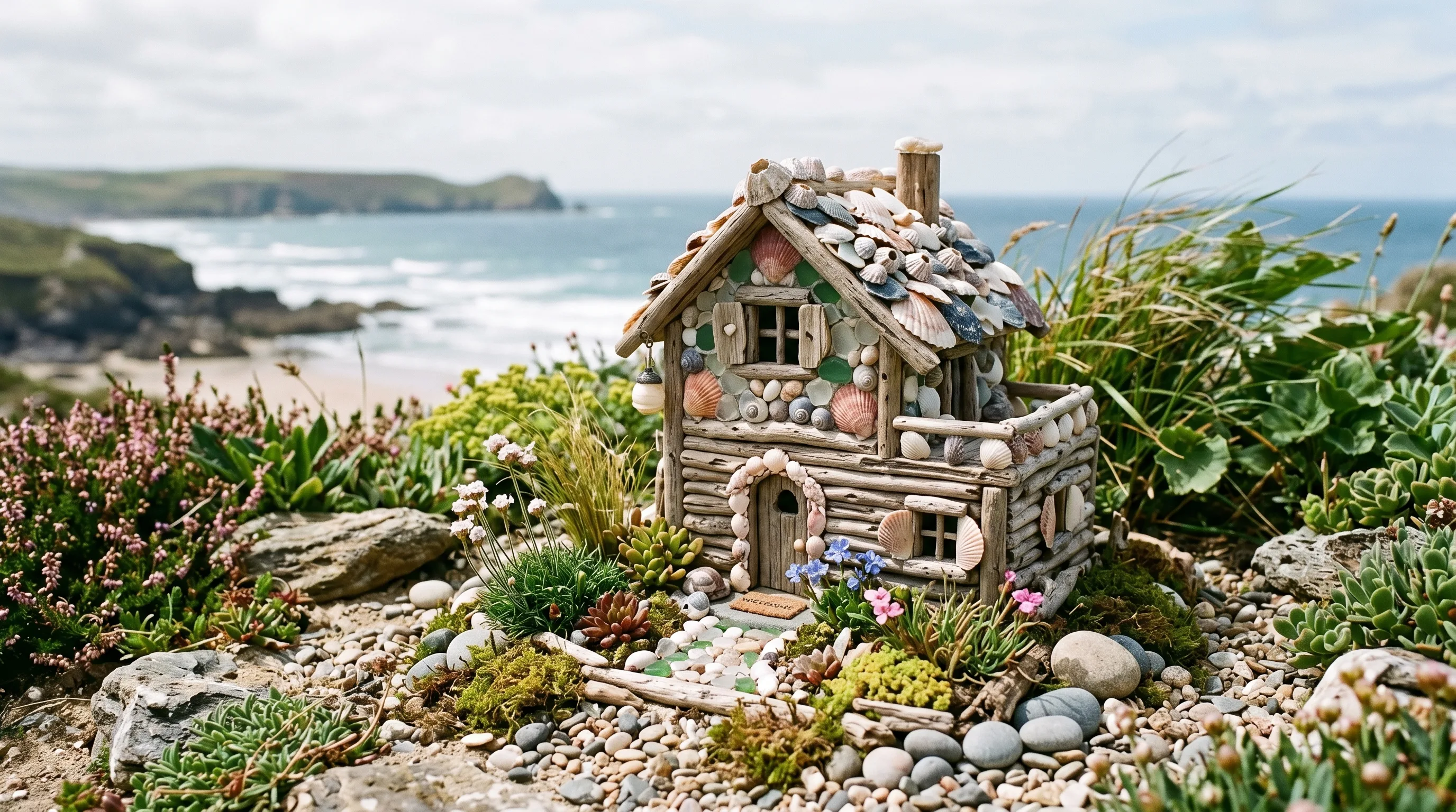 Miniature fairy house made from shells and driftwood in a coastal-style garden.