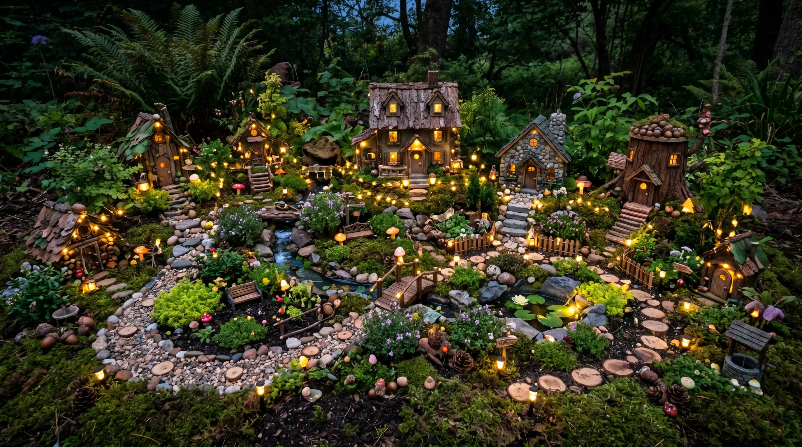 Fully styled fairy garden with multiple DIY fairy houses, pathways, and glowing magical ambiance.