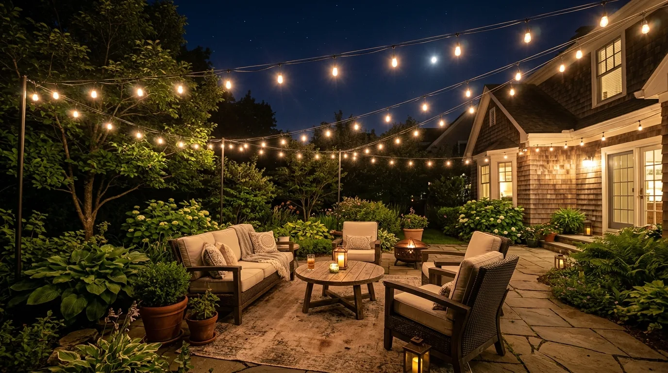 Backyard patio with warm string lights zigzagging overhead on a summer night.
