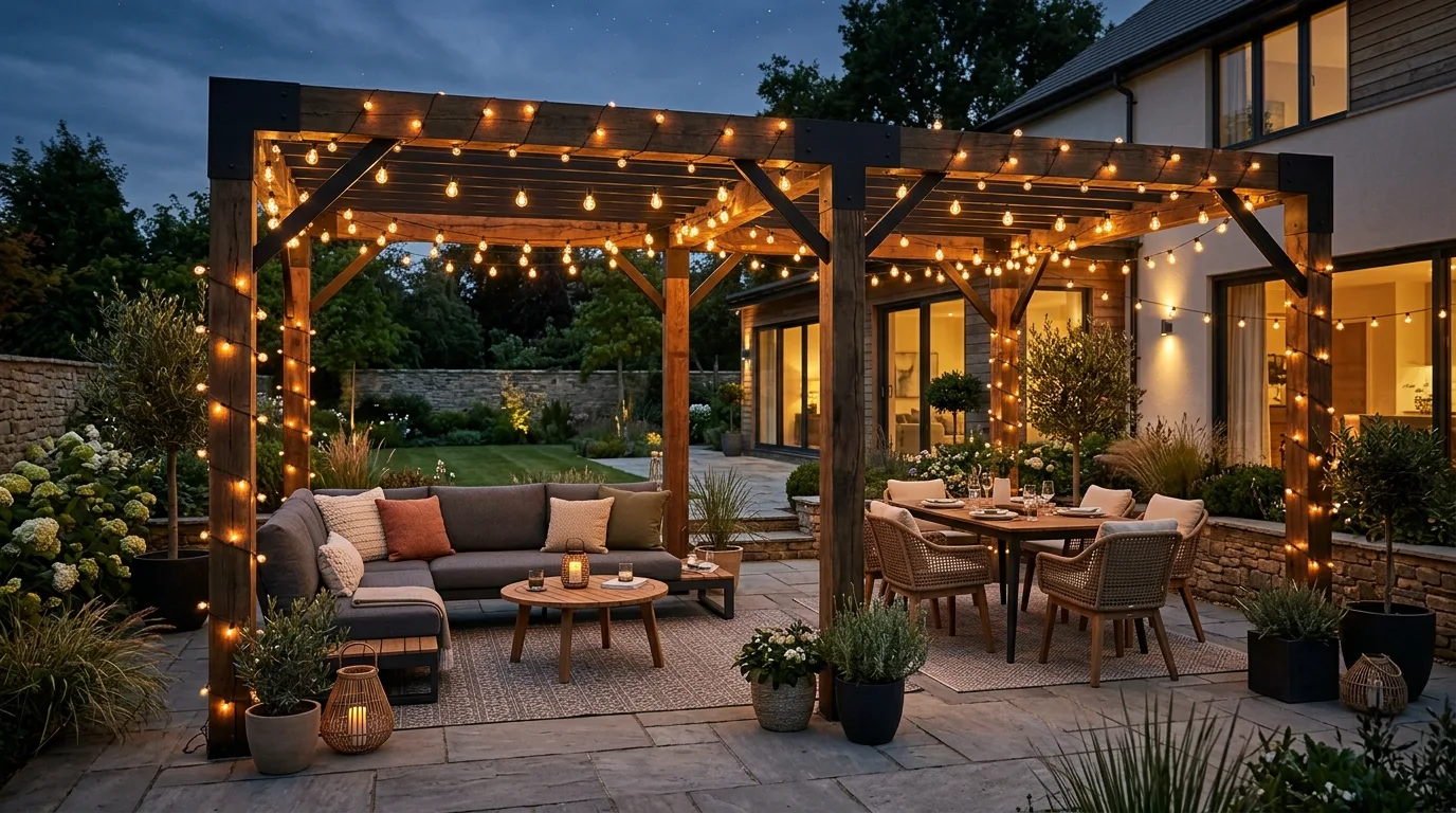 Modern patio with string lights wrapped around a pergola frame.