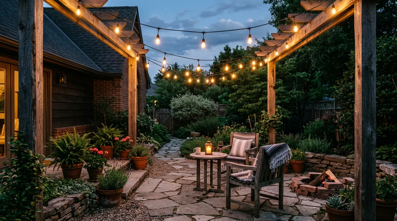Rustic backyard patio with Edison bulb string lights draped between wooden posts.