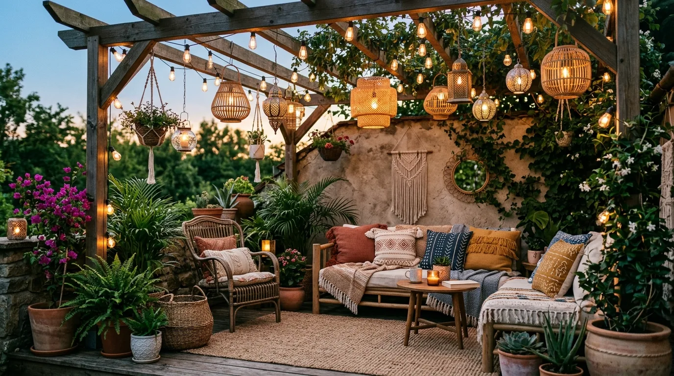 Boho patio with string lights, hanging lanterns, and woven decor.