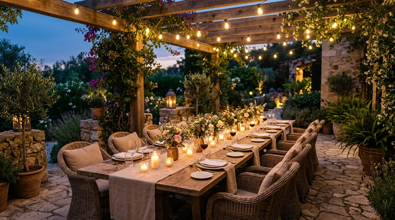 Patio dining area with long wooden table under glowing string lights.
