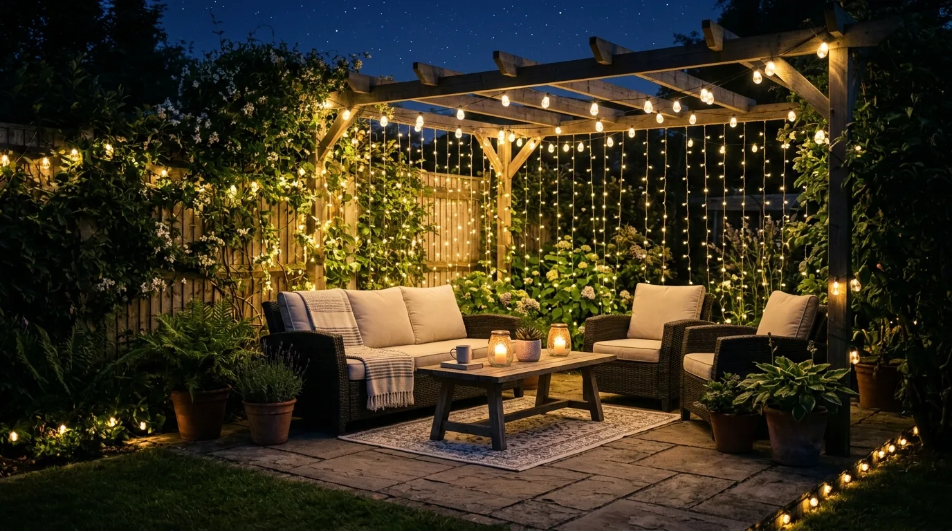 Backyard patio with string lights cascading like curtains behind seating.
