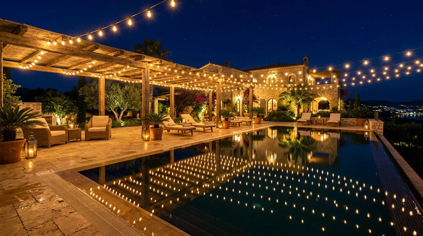 Poolside patio with string lights reflecting on the water surface.