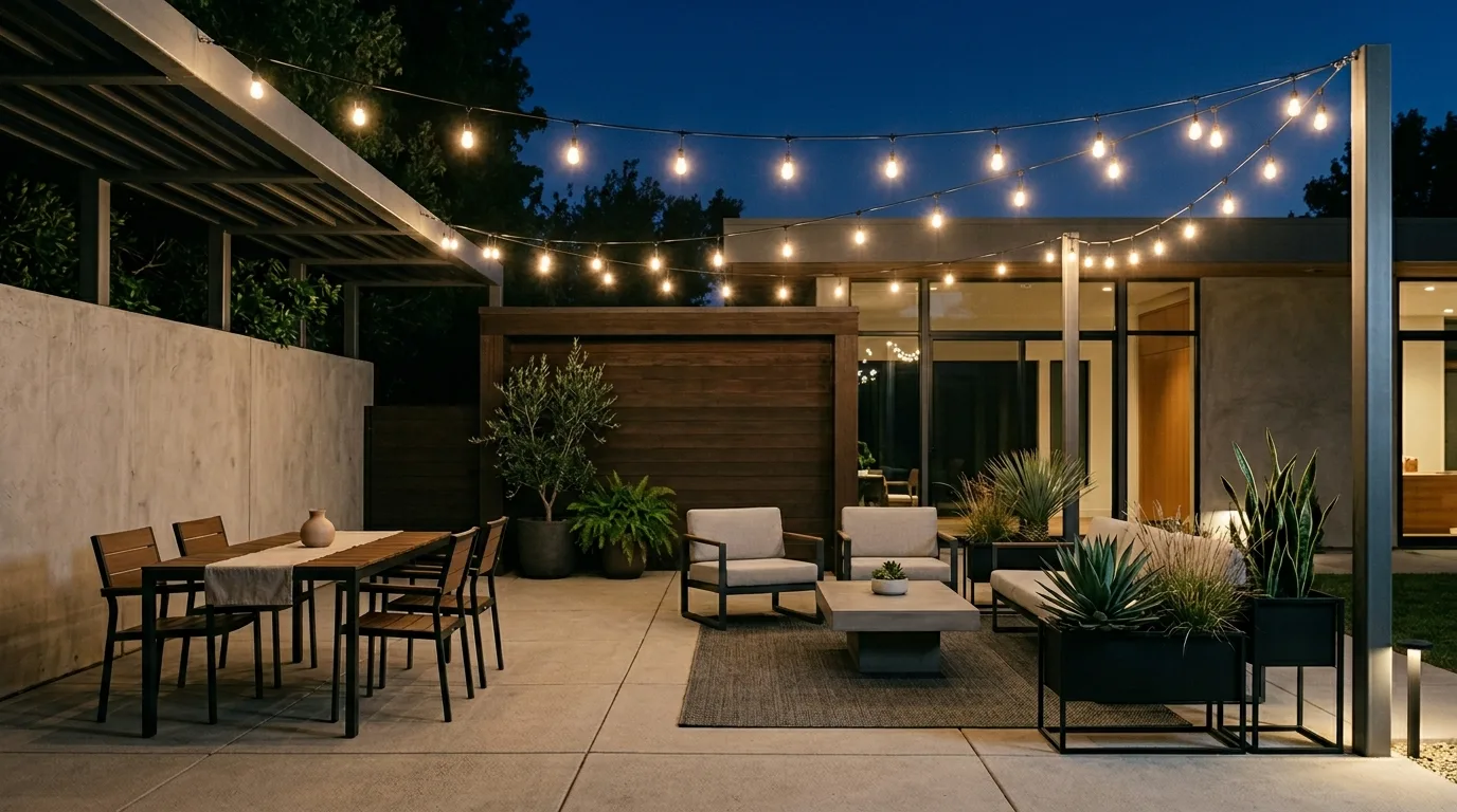 Minimalist patio with string lights stretched diagonally across a modern outdoor space.