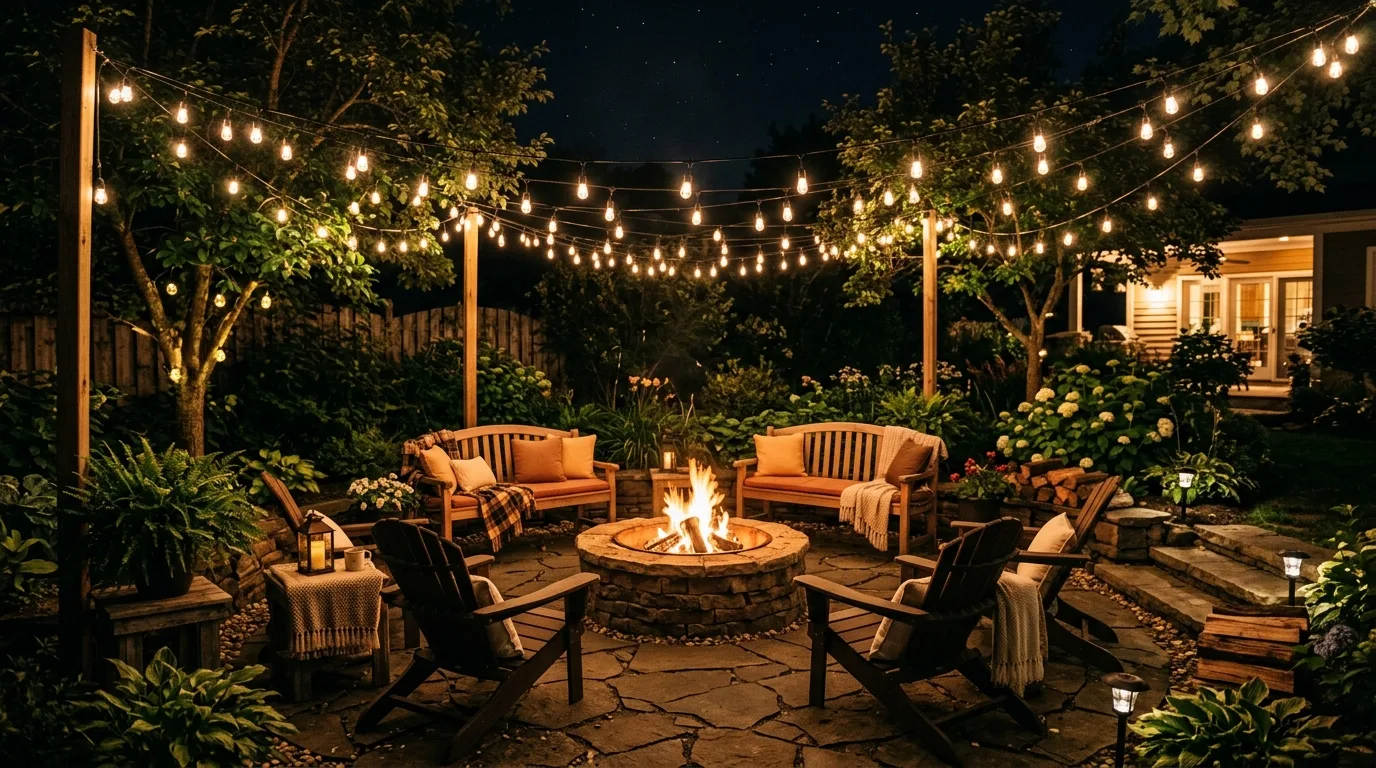 Cozy fire pit patio with string lights forming a glowing canopy overhead.
