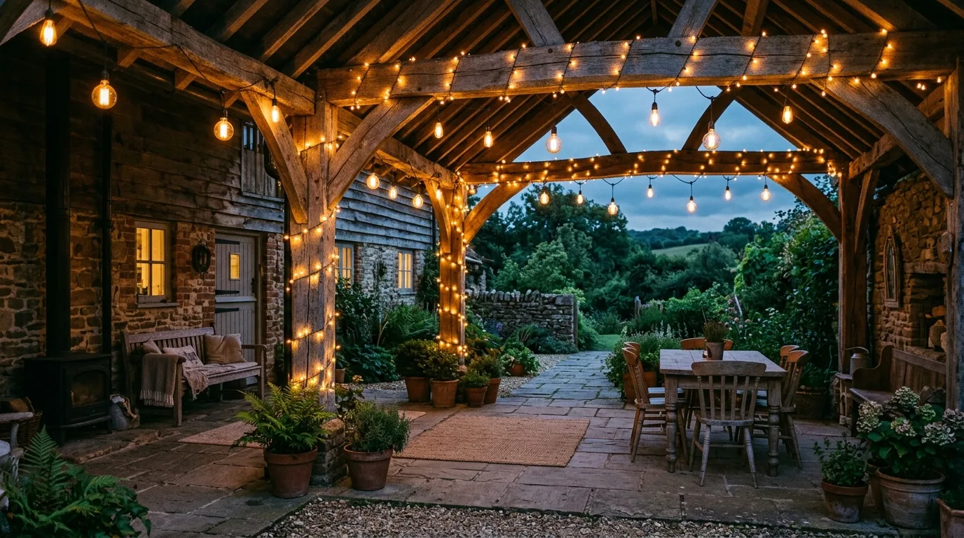 Farmhouse patio with string lights wrapped around beams and posts.