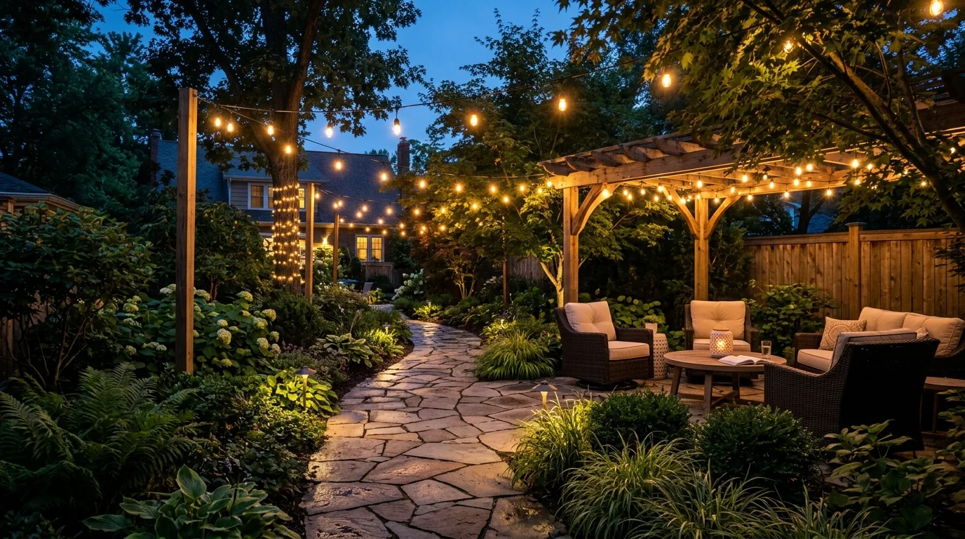 Patio walkway with string lights overhead forming a glowing path.