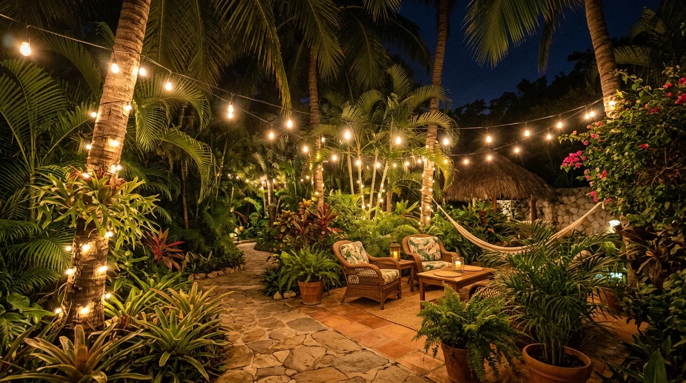 Tropical patio with string lights intertwined with palm trees and greenery.