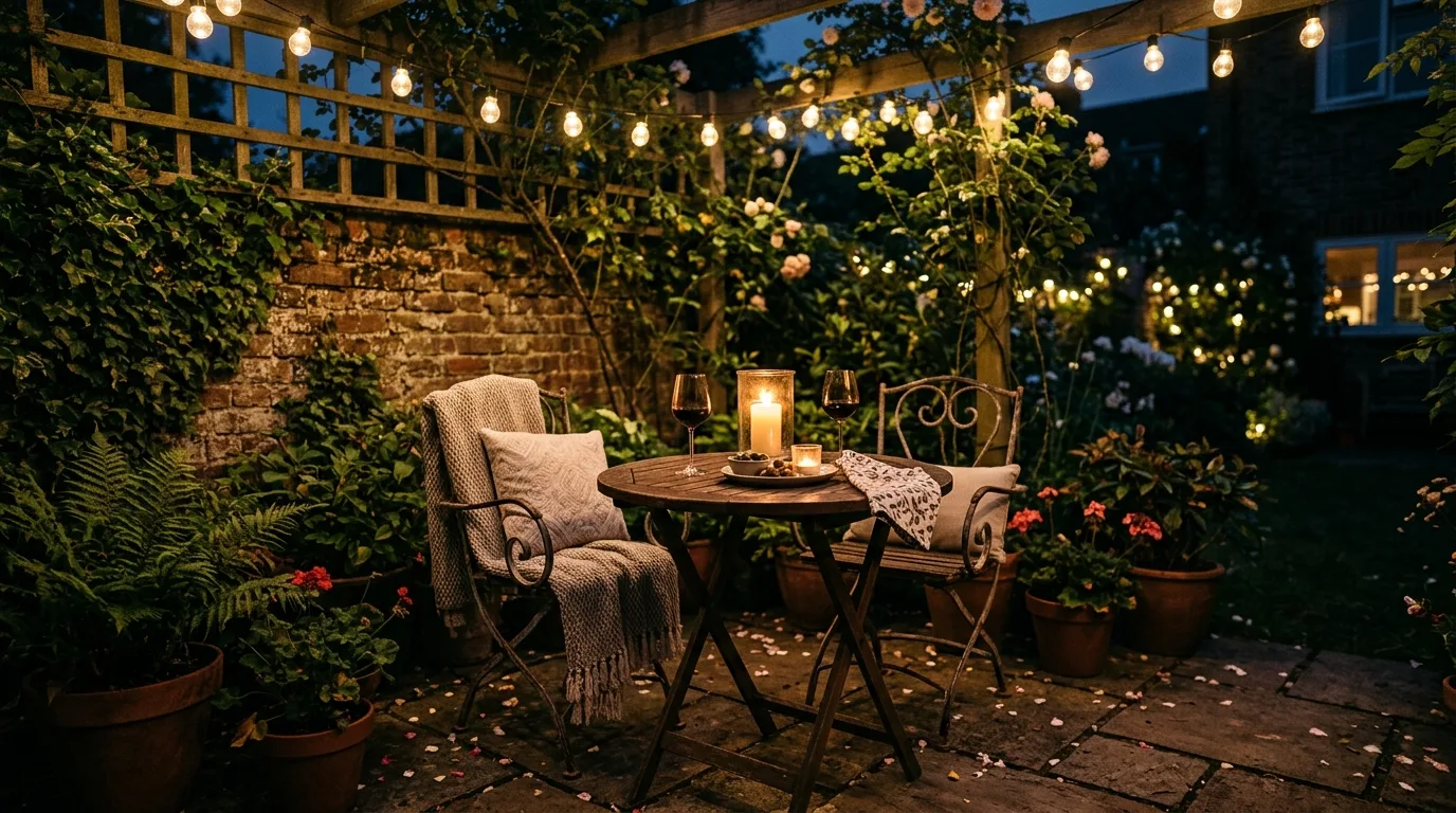 Small patio with string lights above compact seating and candle accents.