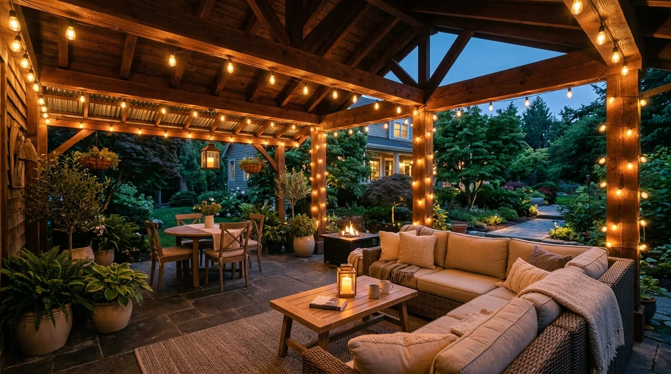 Covered patio with string lights installed along ceiling beams and edges.