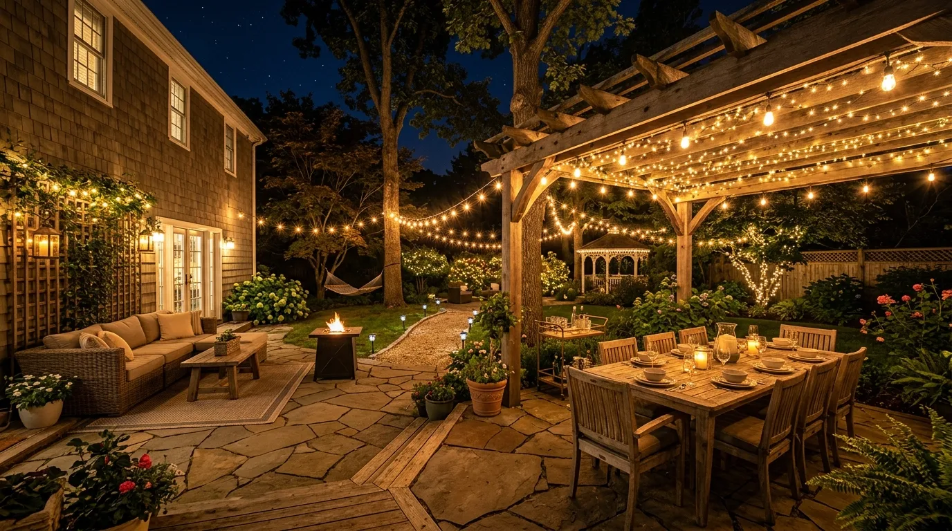 Fully styled backyard patio with multiple creative string light arrangements for summer nights.