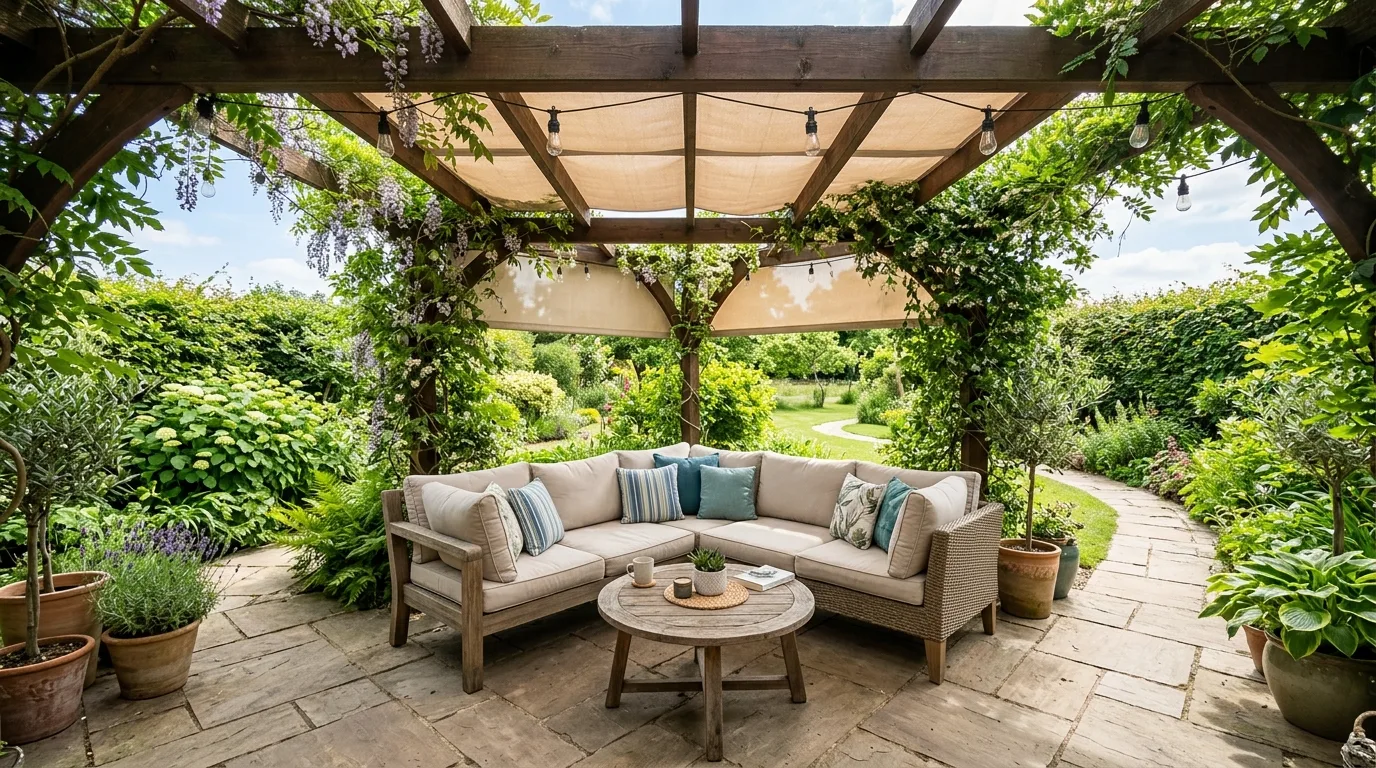 Covered patio with a wooden pergola, soft cushions, and surrounding greenery.