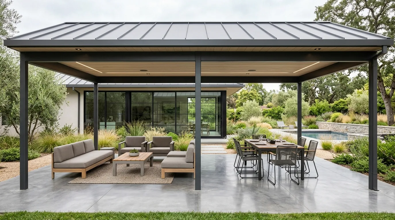 Modern covered patio with a sleek metal roof and minimalist furniture.
