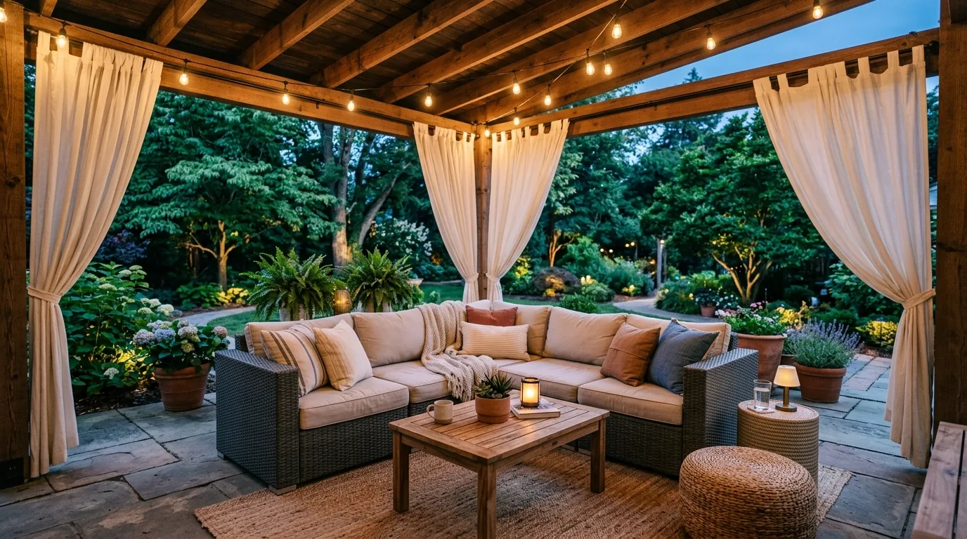 Cozy covered patio with curtains, string lights, and a sectional sofa.
