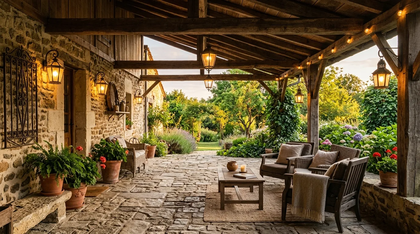 Rustic covered patio with exposed wooden beams, stone flooring, and lanterns.