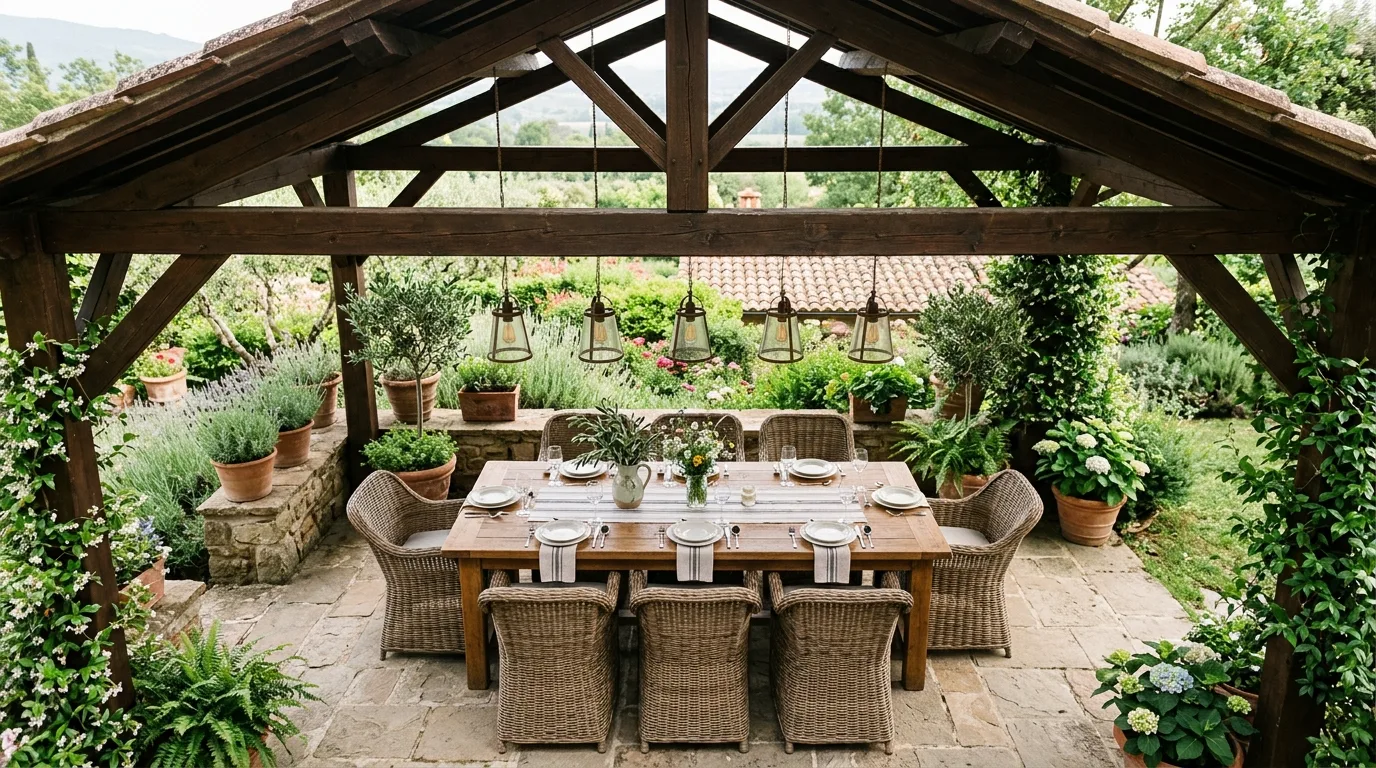 Covered patio dining area with a wooden table and hanging pendant lights.
