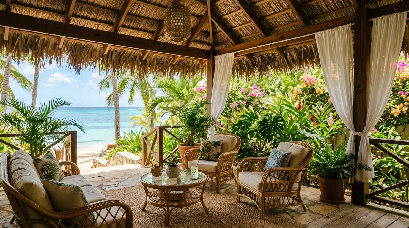 Tropical covered patio with rattan furniture, lush plants, and a thatched roof.