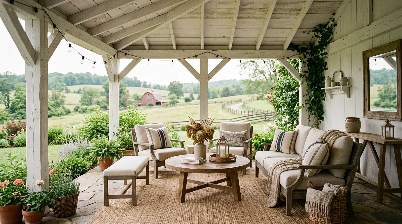 Farmhouse-style covered patio with white wood beams and neutral furniture.
