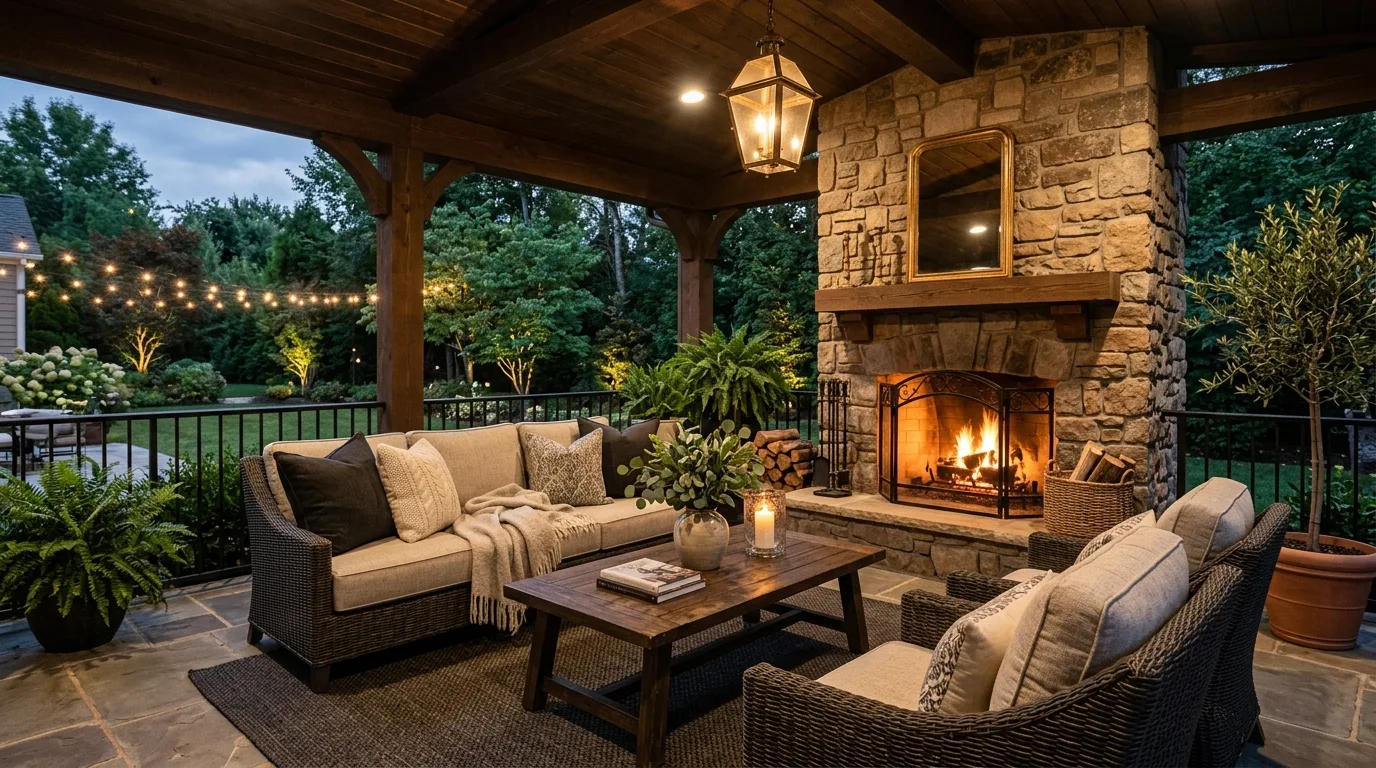 Luxury covered patio with plush seating, outdoor fireplace, and elegant decor.