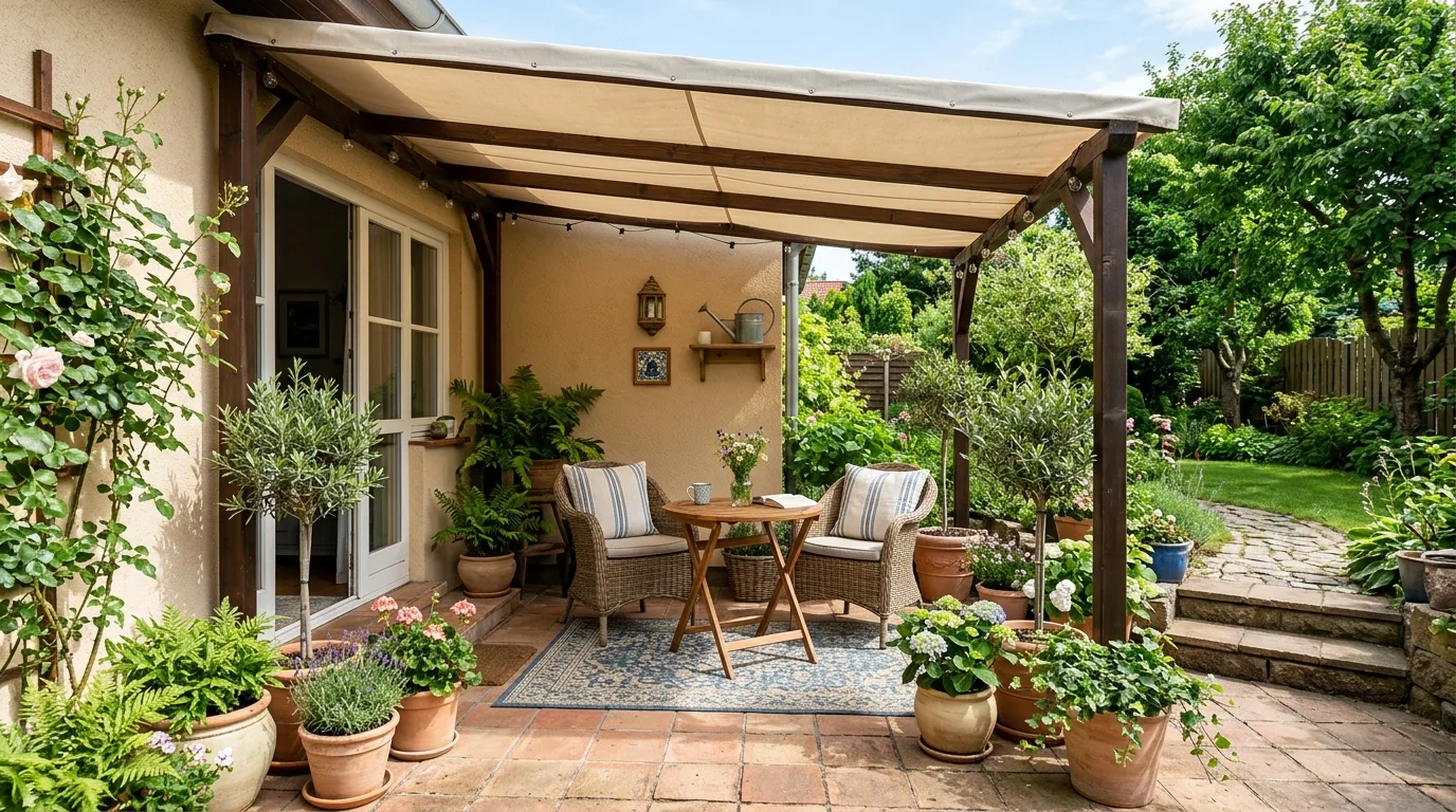 Small covered patio with compact seating, potted plants, and a simple awning.