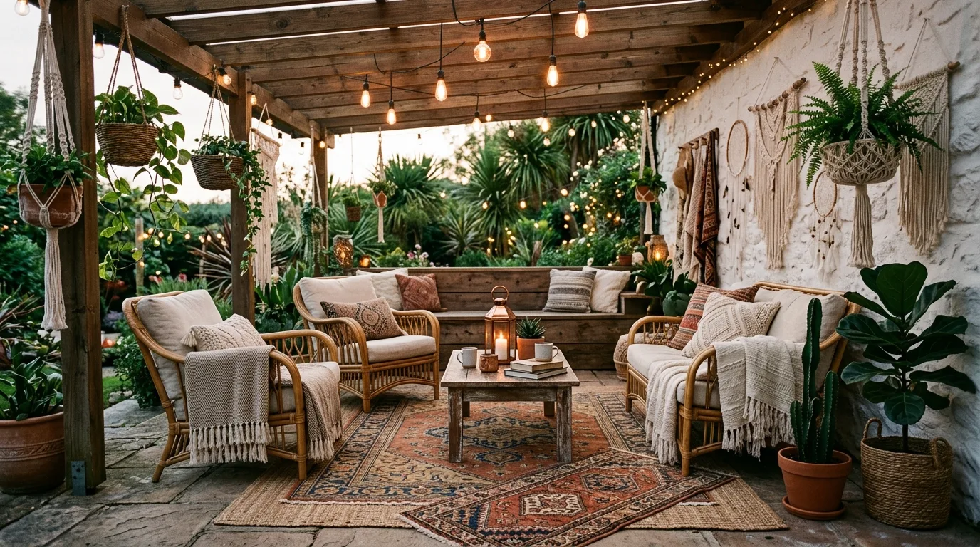 Boho-style covered patio with woven chairs, layered rugs, and soft lighting.