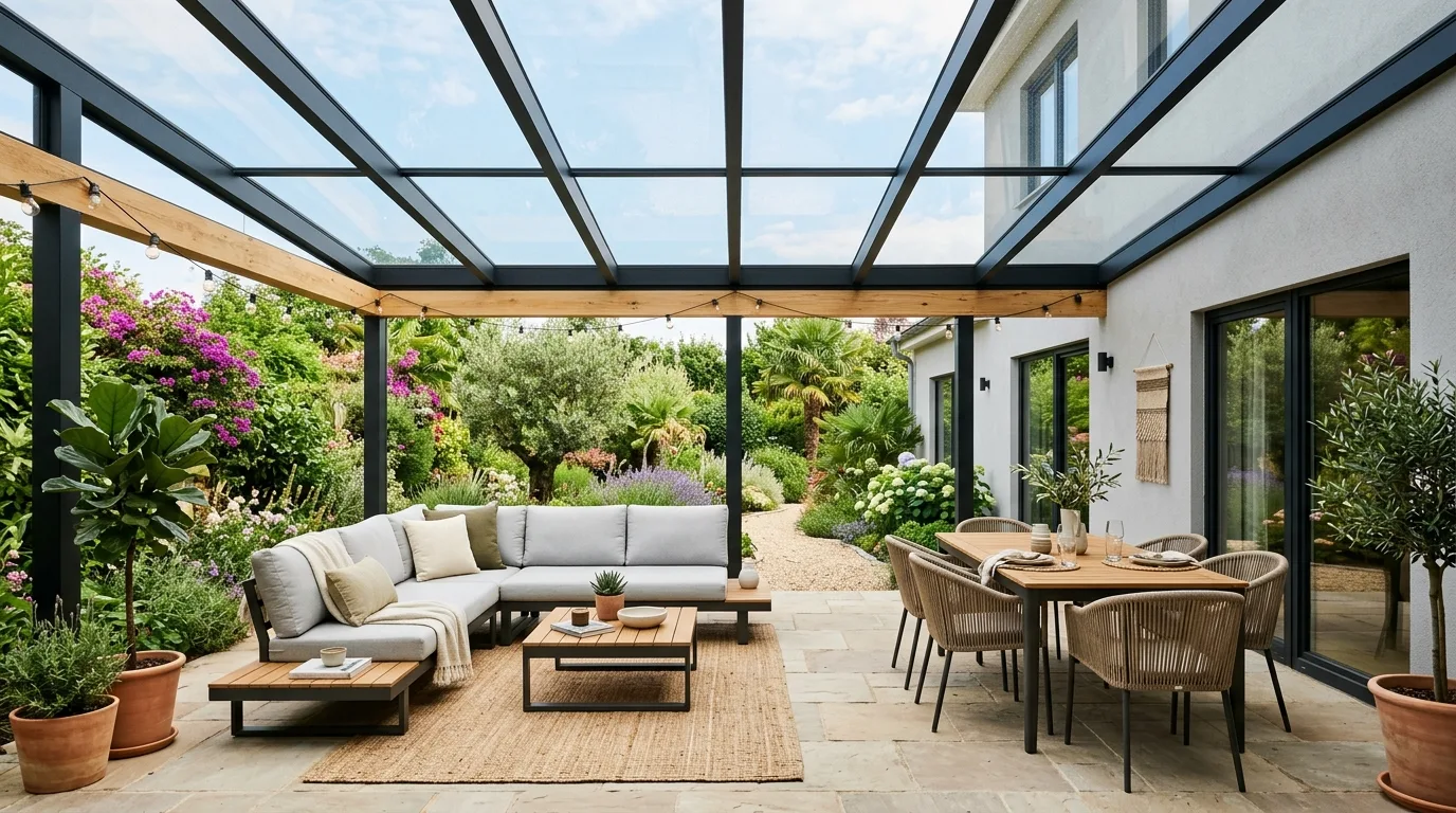 Covered patio with glass roof panels and bright natural light.