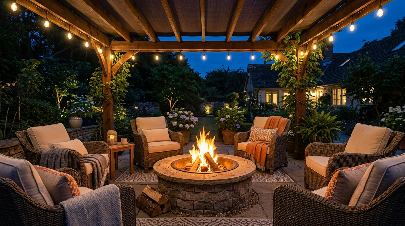 Covered patio with a fire pit and warm lighting under a pergola.
