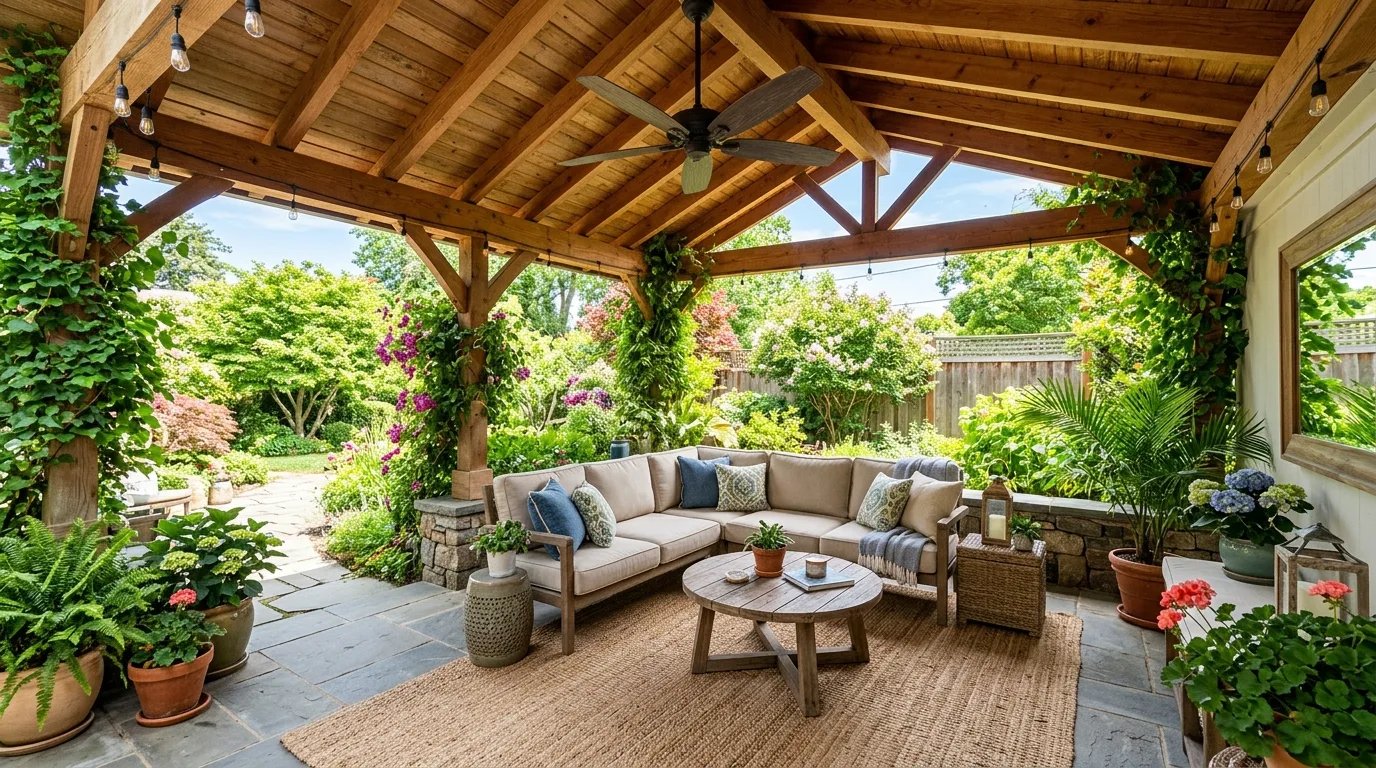 Covered patio with ceiling fan, outdoor sofa, and greenery.