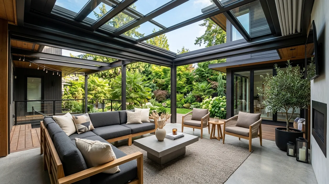 Covered patio with retractable roof panels, sleek seating, and modern decor.