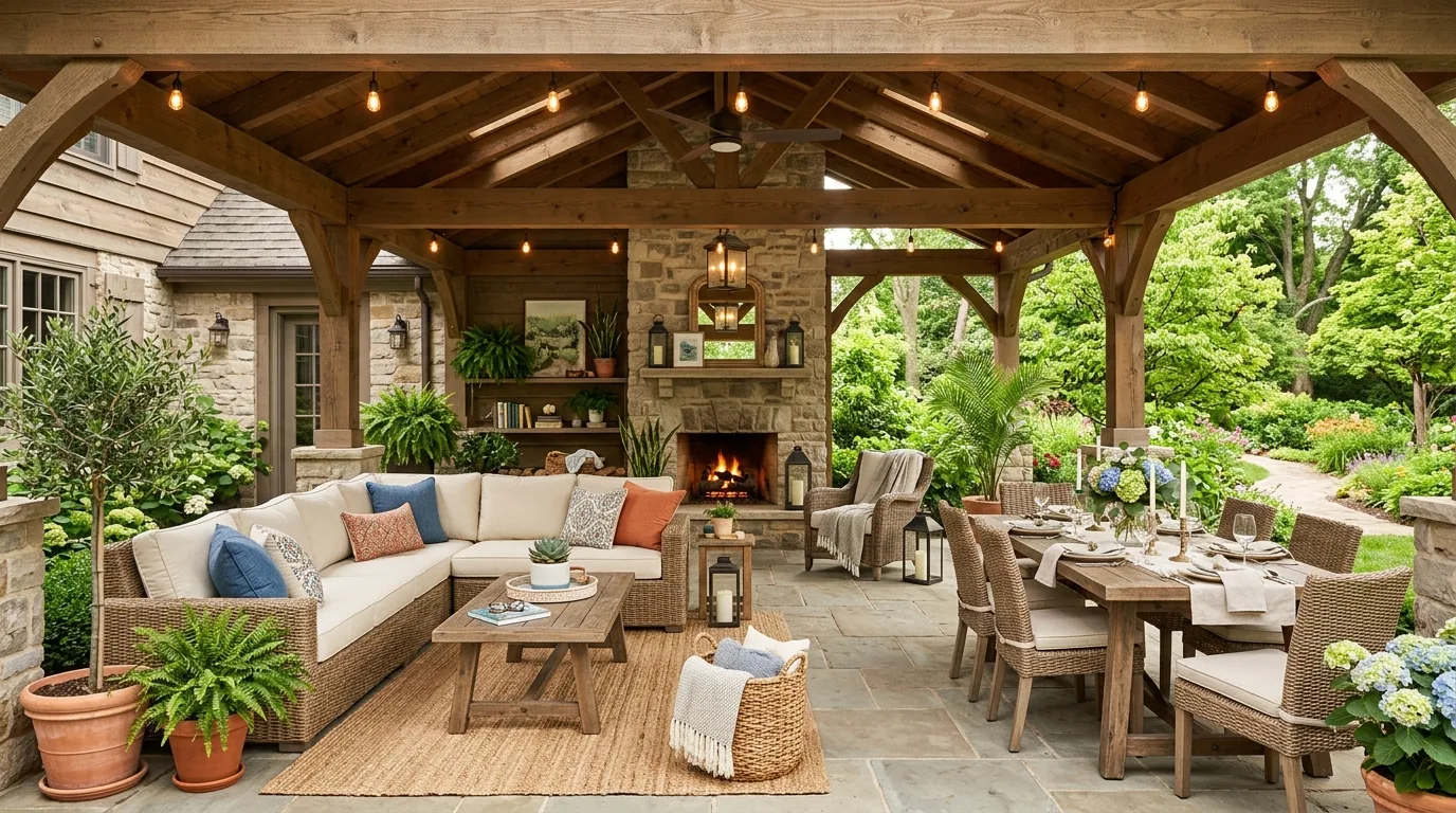 Fully styled covered patio with coordinated furniture, lighting, plants, and decor.