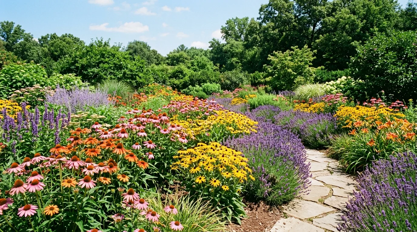 Sunny garden filled with colorful full sun perennials in bloom.