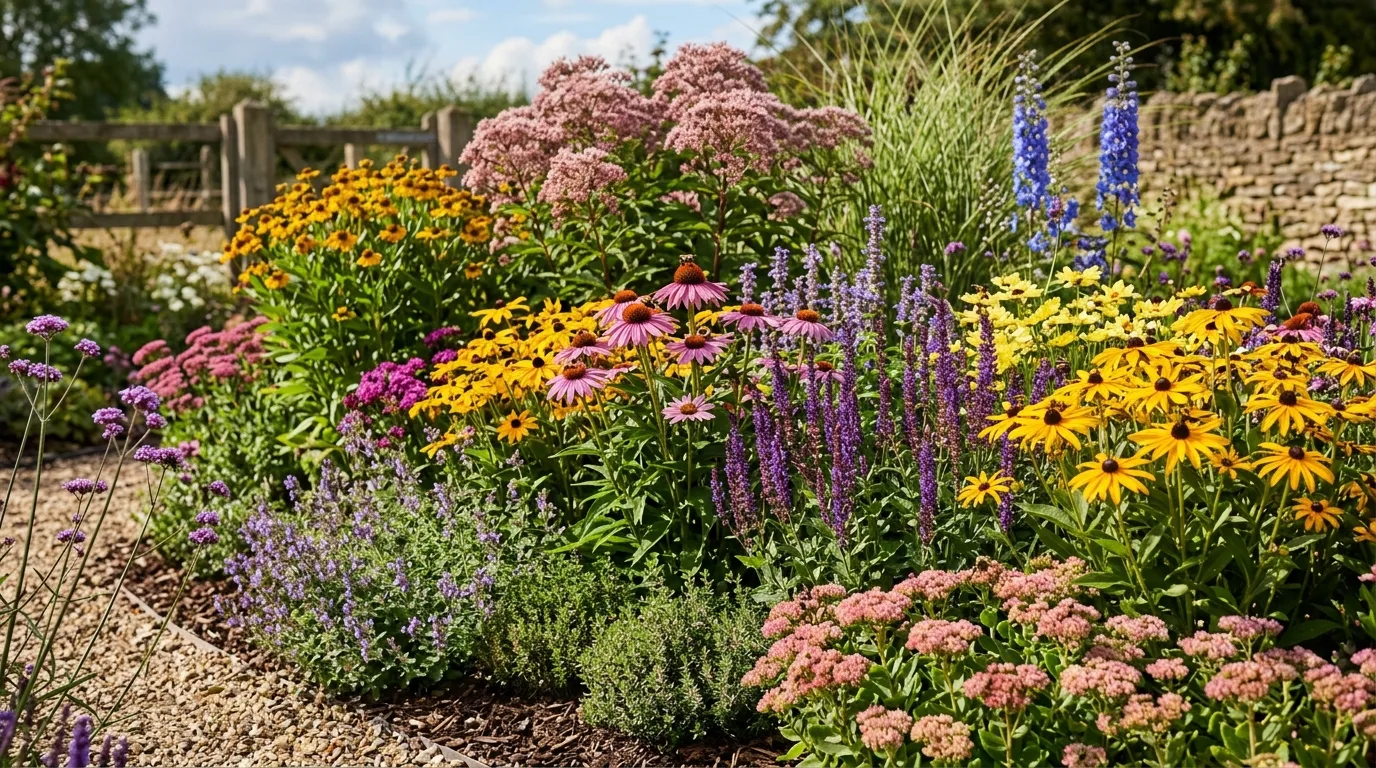 Colorful flowerbed of sun-loving perennials arranged in layered heights and colors.
