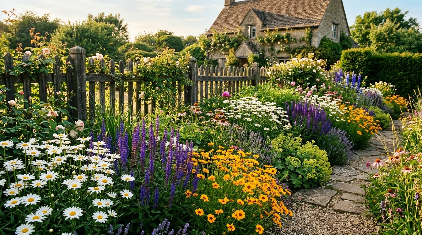 Cottage-style garden with daisies, salvia, and coreopsis thriving in full sun.