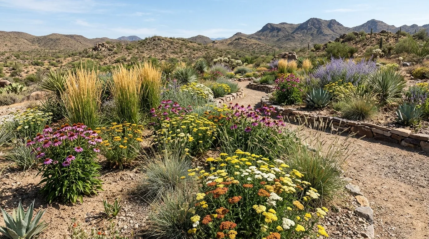 Drought-tolerant perennial garden with echinacea, yarrow, and ornamental grasses.