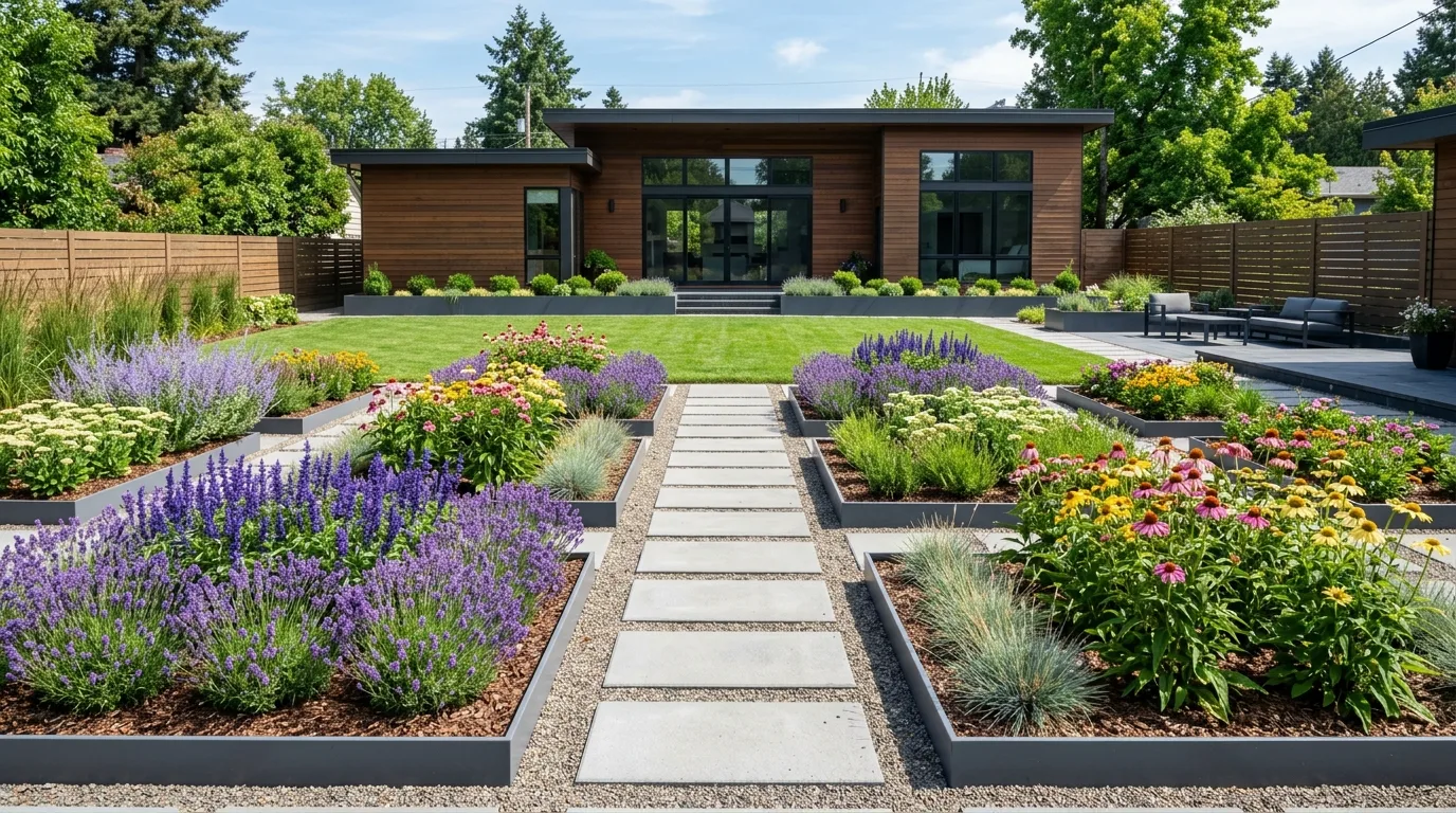 Modern landscaped yard with neatly arranged full sun perennials in geometric beds.